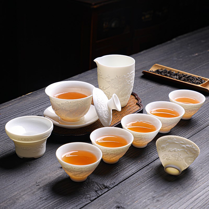 德化窑瓷羊脂玉素烧功夫茶具套装家用茶碗简约陶瓷盖碗品茗杯套组