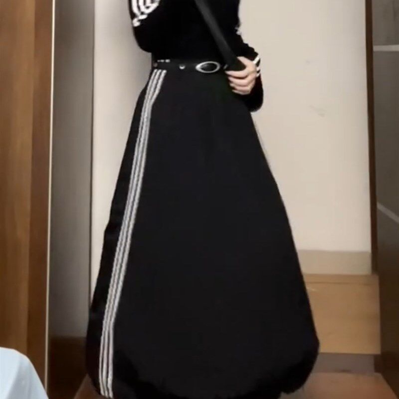 美式条纹工装花苞裙女大码胖mm遮肚藏肉裙子黑色蓬蓬灯笼半身裙秋