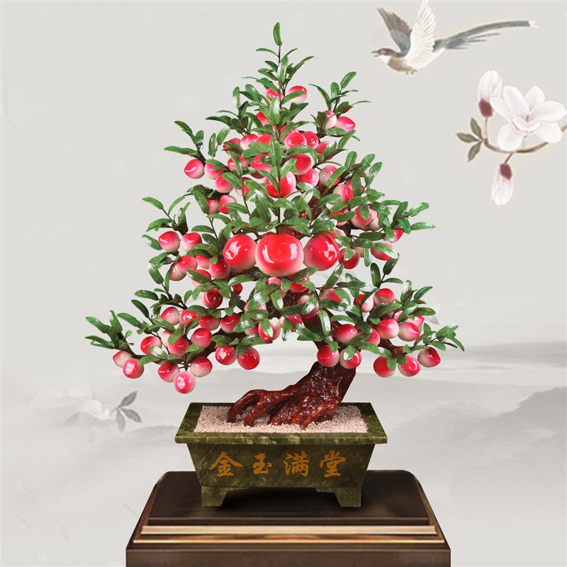 玉石雕刻桃树大型玉桃树盆景客厅家居饰品玉器工艺品植物公司摆件