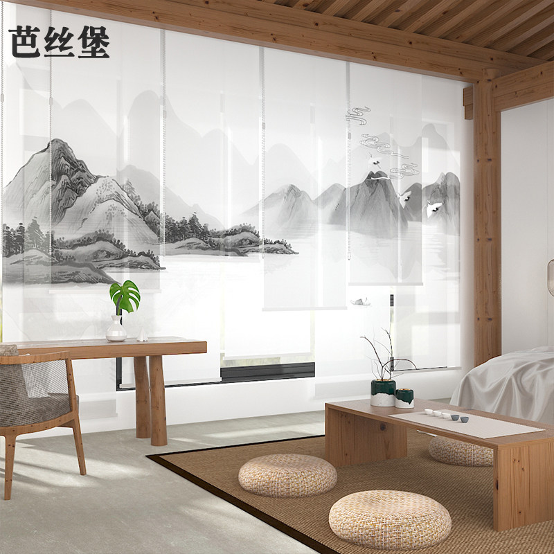 卷帘窗帘布艺垂帘软隔断帘中式办公室茶室悬挂式山水窗户遮光帘