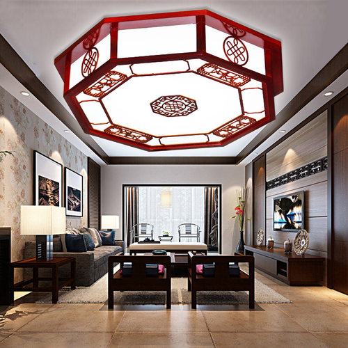 新中式LED吸顶灯客厅房间卧室餐厅八方迎财八角实木艺亚克力灯具
