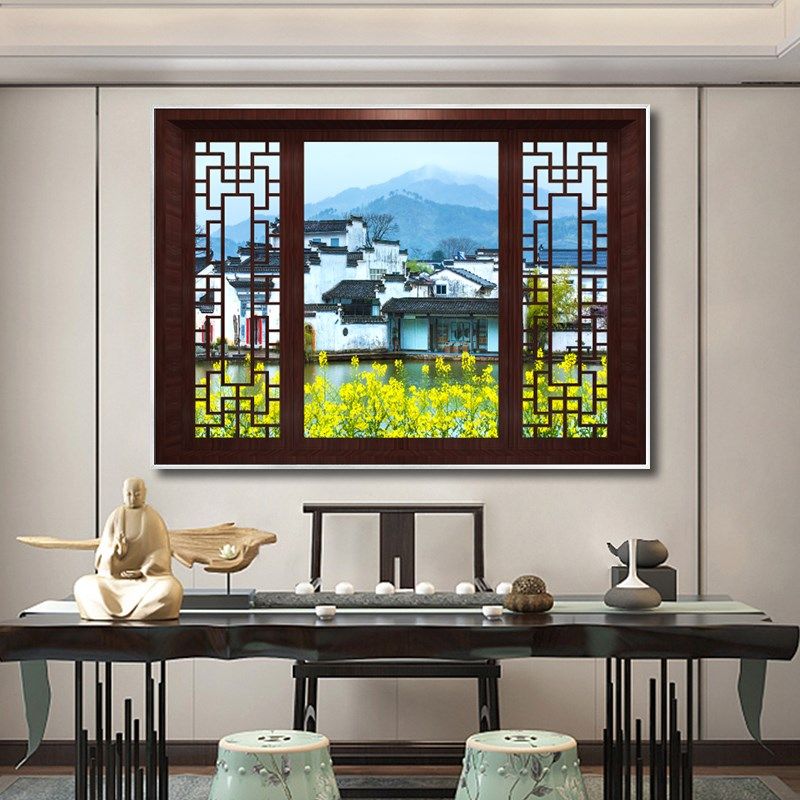 中式风景假窗户发光装饰画暗房茶室民宿酒店客房立体带灯窗景挂画