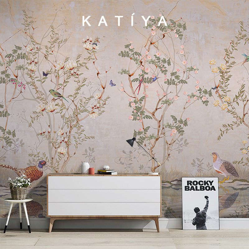 Katiya新中式田园花朵壁画客厅定制墙布花鸟沙发3D电视背景墙壁纸