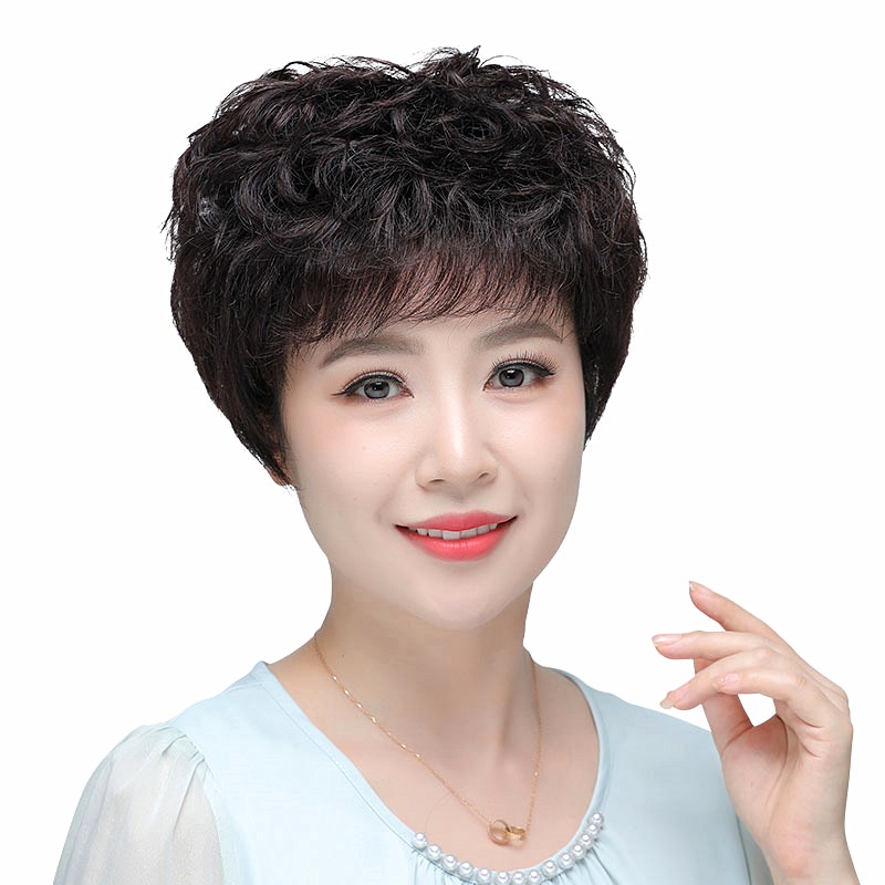 假发女中老年妈妈假发女短卷发蓬松四季款时尚碎刘海真发假发头套
