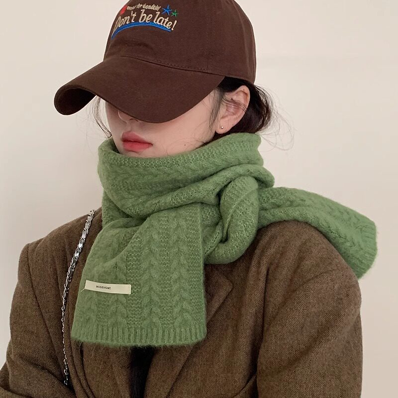 羊毛混纺纯色针织毛线围巾女2024新款秋冬高级感保暖围脖绿色LXF