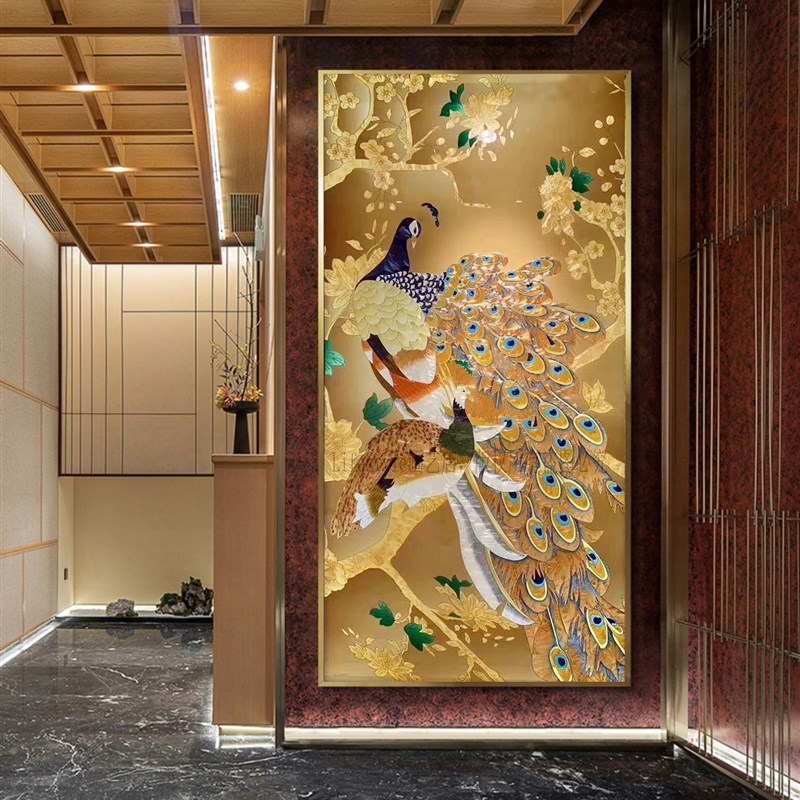 珐琅彩装饰画入户玄关走廊过道轻奢挂画餐厅客厅新中式孔雀壁画