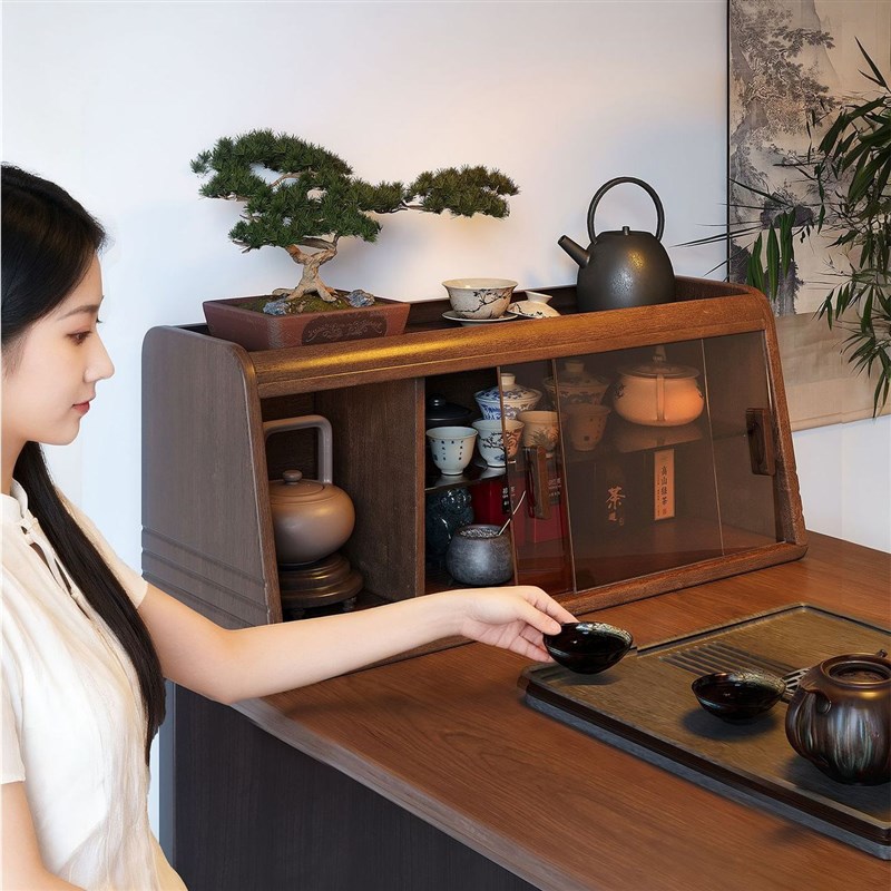 全实木桌面杯架防尘收纳柜北欧家用餐边复古咖啡置物架台面储物柜