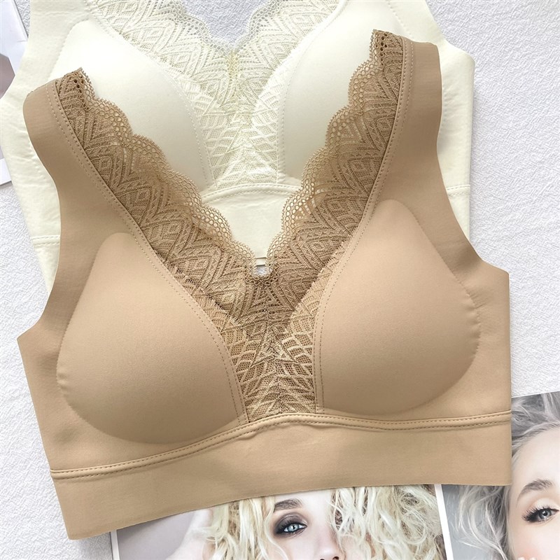 蕾丝V领背心式美背内衣女士薄款聚拢收副乳无钢圈睡眠运动文胸罩