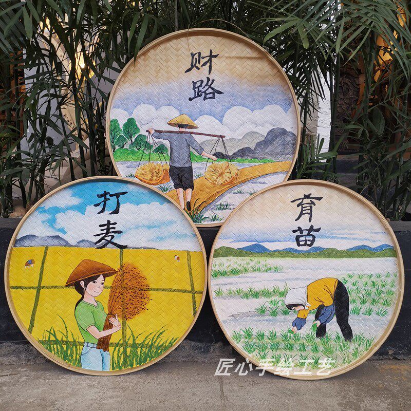 手绘新款人物簸箕画竹编装饰饭店农家乐圆形墙饰茶室墙壁挂饰挂件