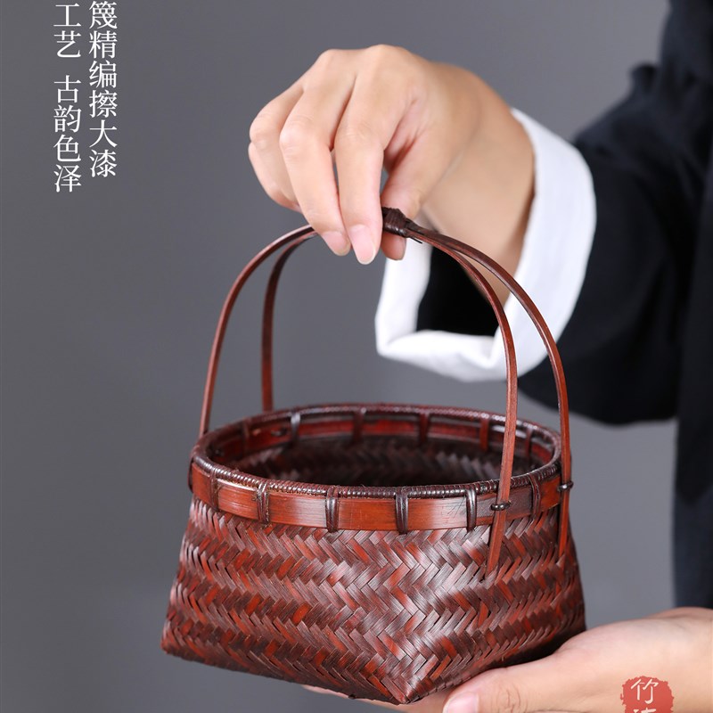 竹编提篮收纳篮大漆手工编织竹篮炭篓覆古手提果篮茶具收纳竹篮子