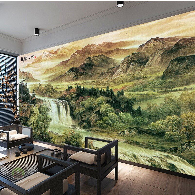 新中式鸿运当头山水画 画壁布3D客厅沙发背景墙装饰壁画 画中式定