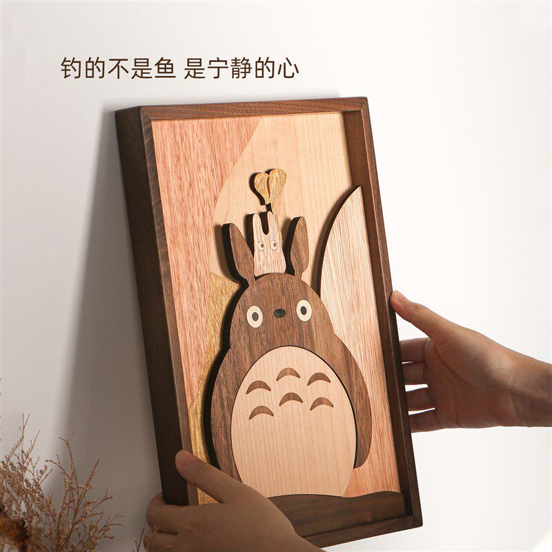 龙猫原木风装饰画客厅餐厅床头画卧室儿童房挂画木质摆件墙面装饰
