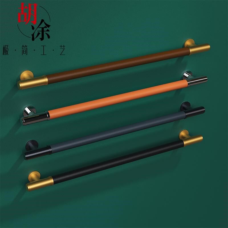 高档皮革玻璃门拉手不锈钢双开木门把手高级感商铺推拉地弹门把手