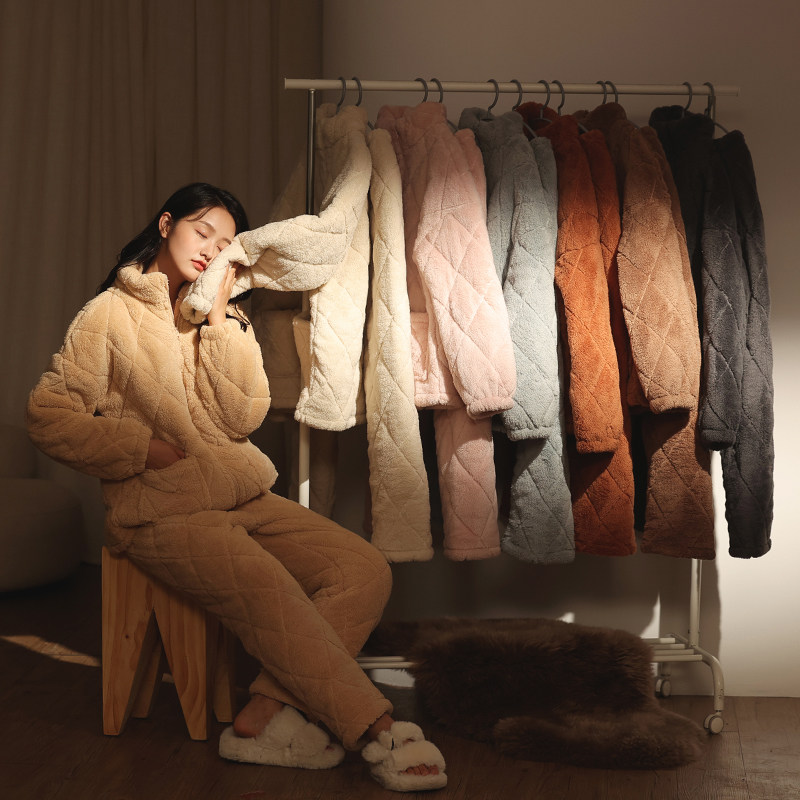 超厚保暖睡衣女冬三层加厚夹棉加绒棉袄可外穿珊瑚绒家居服
