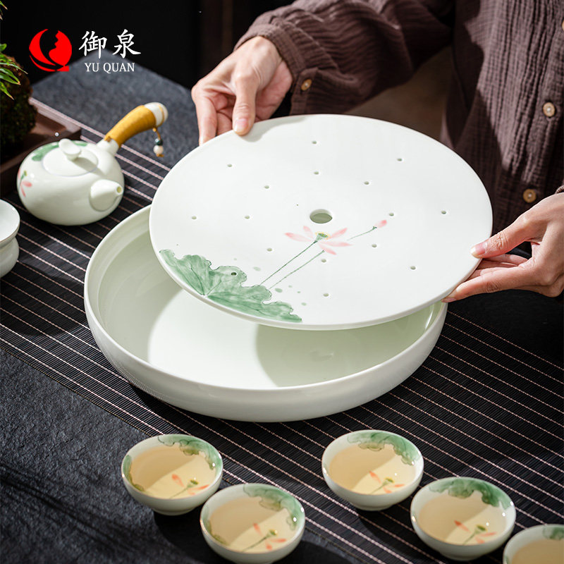 御泉手绘陶瓷茶盘圆形储水式家用功夫茶具小型干泡茶台茶海办公室