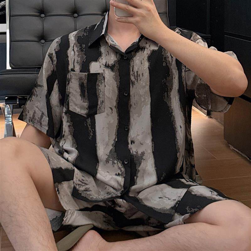 男士夏季薄款棉绸睡衣套装短袖短裤印花舒适居家风休闲条纹家居服