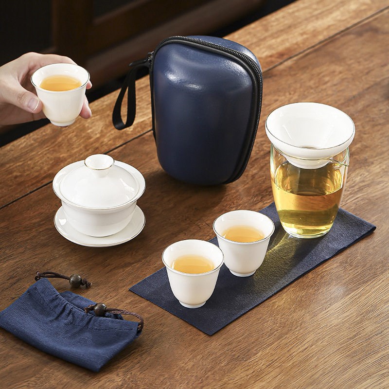 景德镇汝窑羊脂玉旅行茶具套装便携快客杯一壶三杯商务礼品陶瓷