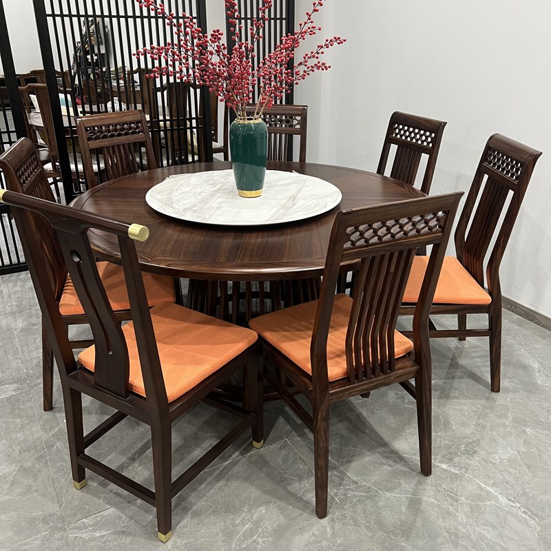 新中式实木餐桌乌金木圆桌家用餐桌小户型饭桌椅组合圆形餐桌定制