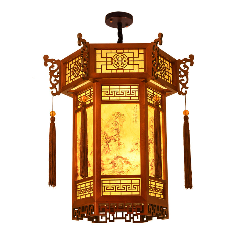 中式仿古宫廷吊灯实木中国风六角宫灯寺庙走廊过道火锅店餐饮灯笼