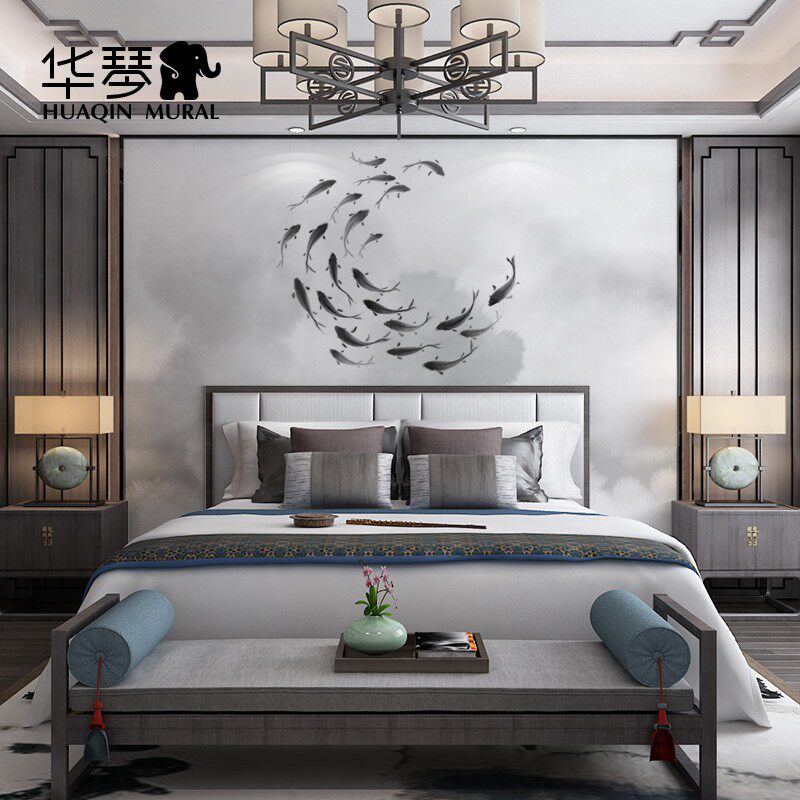 新中式水墨画电视背景墙壁纸 客厅茶室书房九鱼墙纸鱼群壁画墙布