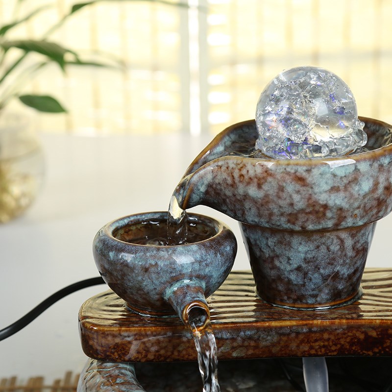 陶瓷流水工艺品家居装饰品加湿器流水喷泉摆件石磨风水球招财摆件