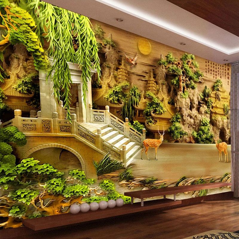 3d立体墙贴自粘山水画浮雕客厅壁画新中式壁纸墙布茶室电视背景墙