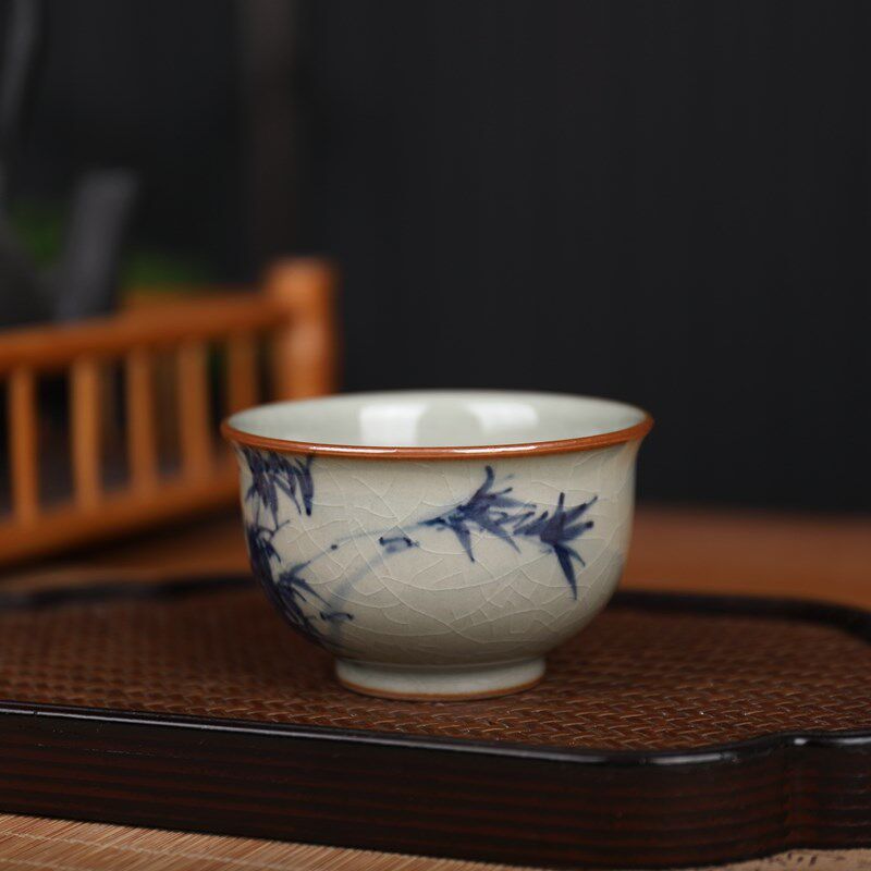 景德镇陶瓷纯手工手绘老陶泥茶杯主人杯瓷器茗杯竹大号开片釉下彩