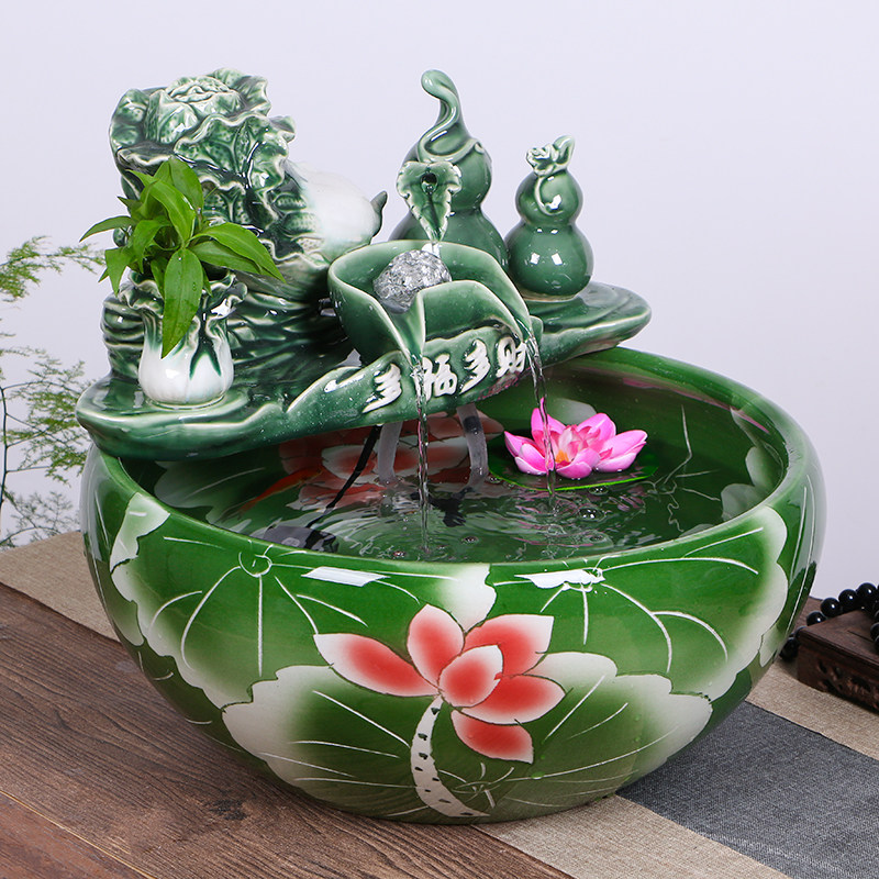景德镇陶瓷流水鱼缸家用喷泉养鱼盆大号碗莲盆乌龟缸客厅造景摆件