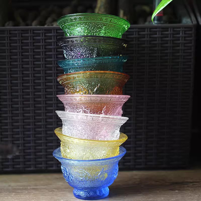 七彩八吉祥琉璃供碗摆件家用佛前圣水杯摆件佛堂供奉净水杯供水杯
