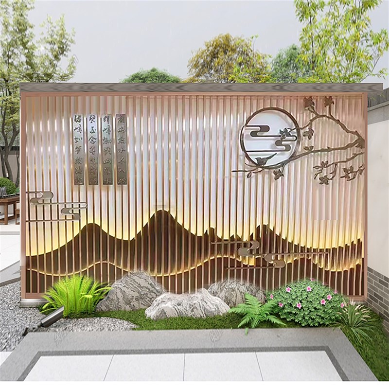 定制不锈钢屏风假山影壁墙户外庭院园林背景墙迎宾墙格栅景墙金属