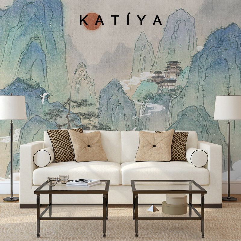 Katiya中式轻奢山水画仙鹤复古电视背景墙壁纸客厅高档壁画手绘布