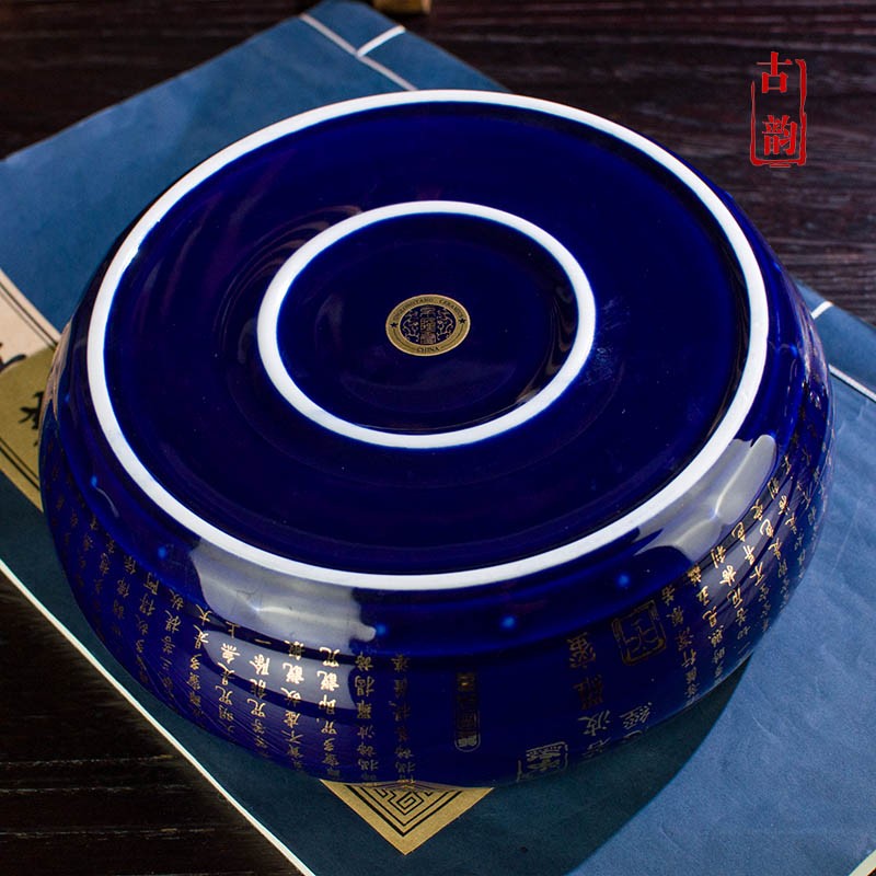 景德镇陶瓷笔洗仿古创意洗毛笔缸文房水盂经文摆件祭蓝茶洗茶渍桶