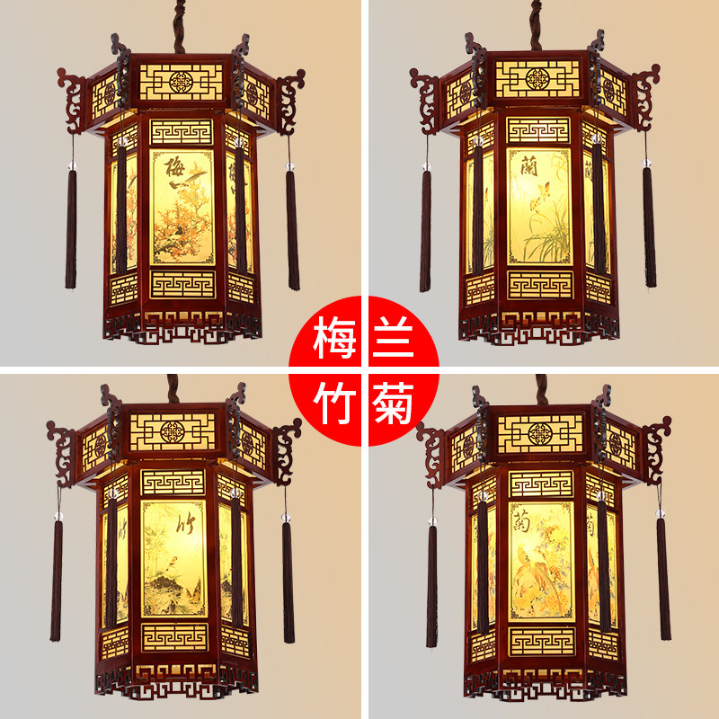 中式仿古实木吊灯别墅寺庙祠堂长廊凉亭古风建筑工程六角灯笼宫灯