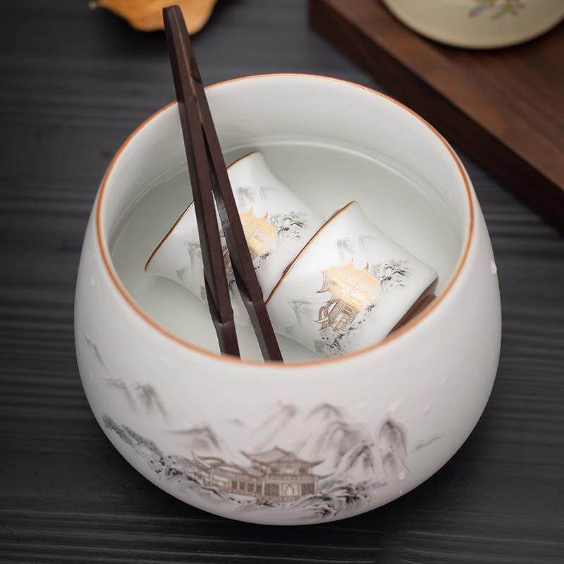 陶瓷茶洗缸大号家用功夫茶具茶道配件中式贴花建水缸干泡台茶渣缸
