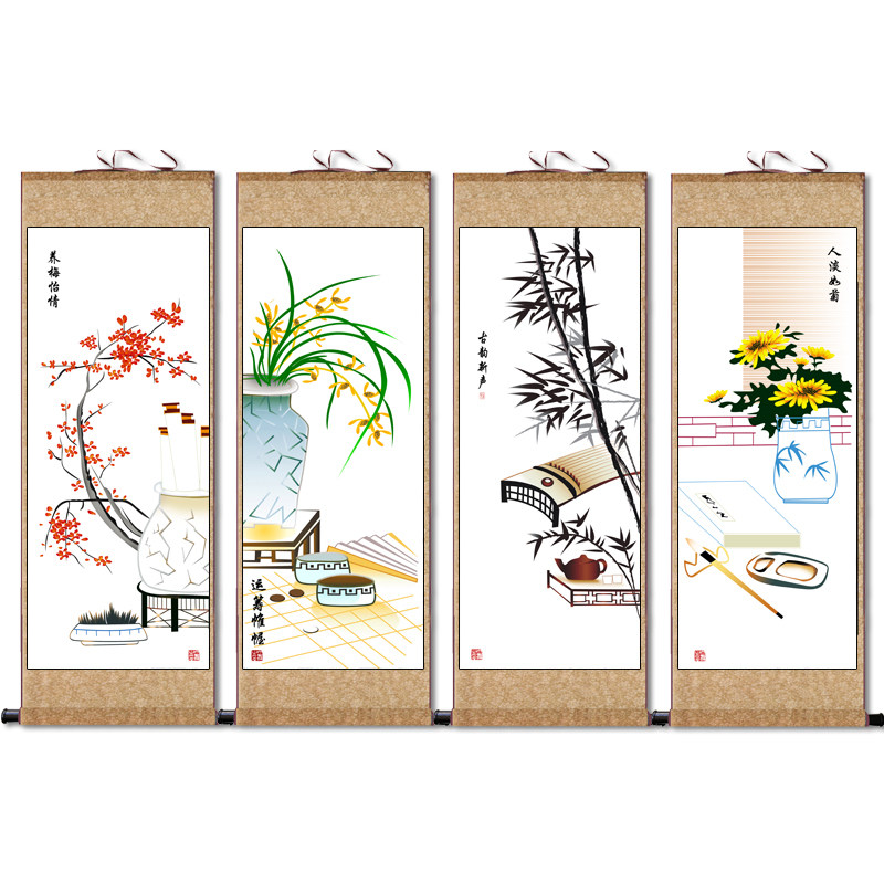 梅兰竹菊四条屏花鸟画绢画宣纸挂画装饰画仿古画国画高清微喷条幅