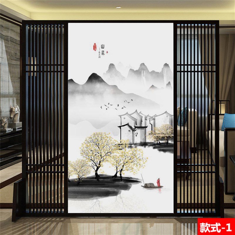3D新中式水墨山水玄关墙布客厅茶室壁画入户过道壁纸简约走廊墙纸