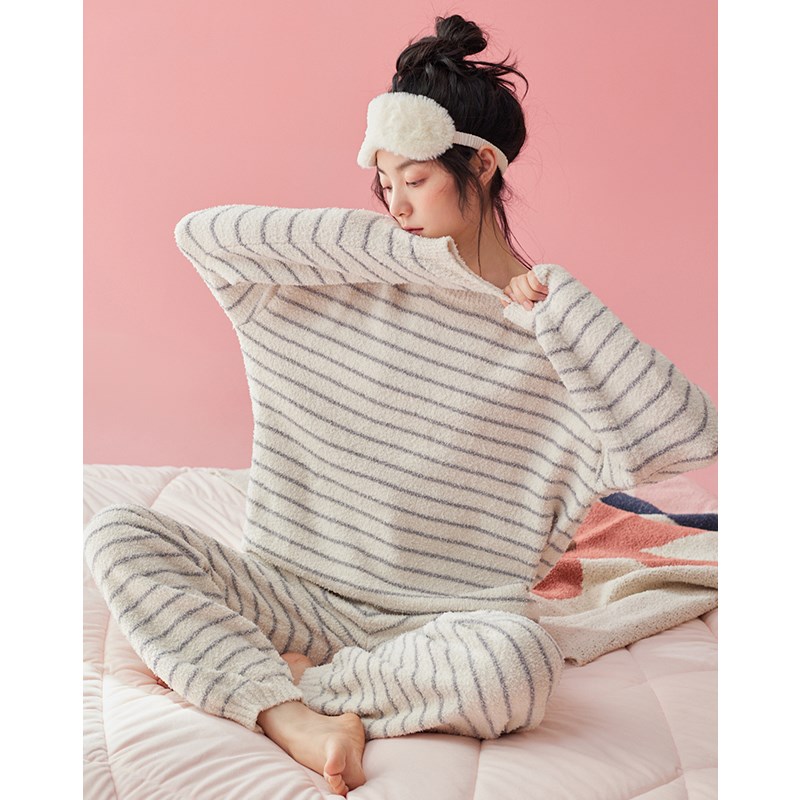 半边绒睡衣女秋冬季加厚保暖休闲套头可外穿家居服珊瑚绒条纹套装