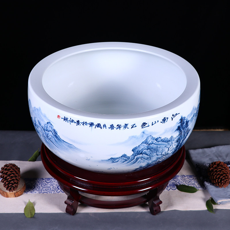 景德镇名师手绘陶瓷金鱼缸青花山水中式客厅养荷花睡莲盆风水摆件
