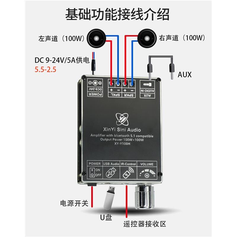 欣易HIFI级100W*2立体声蓝牙数字功放板模块TPA3116带遥控器Y100H