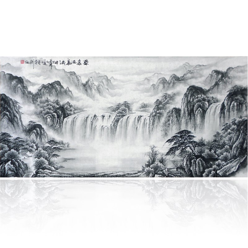 纯手工手绘画心国画山水黑白水墨画艺术聚宝盆真迹风水横源远流长