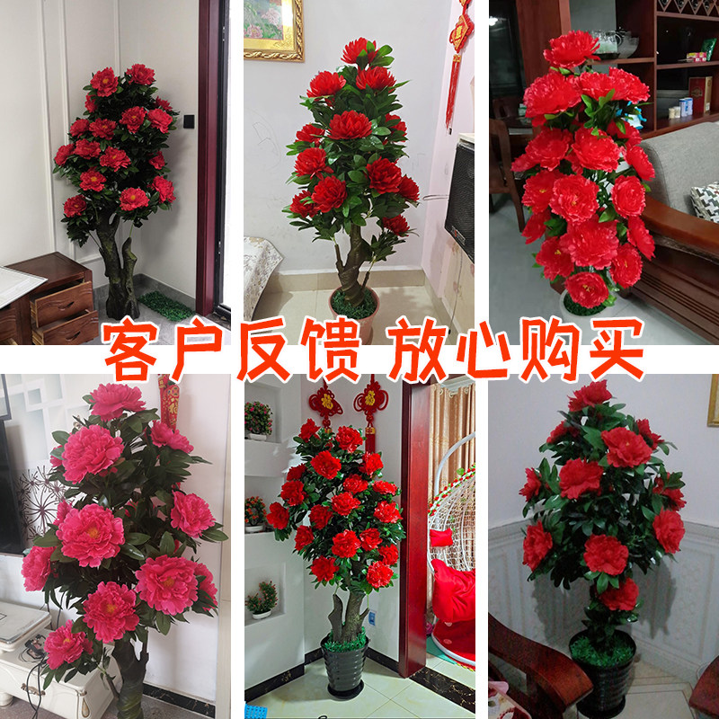 仿真牡丹树包邮假树假花客厅装饰绿色绿植物落地绢花盆栽塑料盆景
