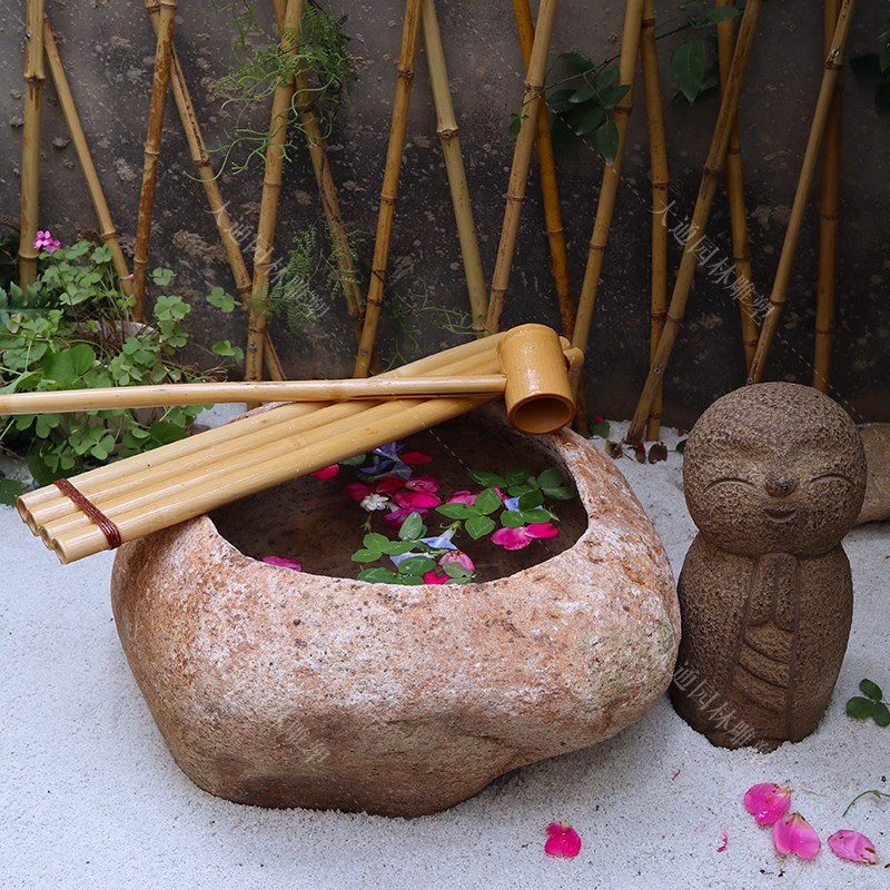 流水钵蹲踞鹅卵石花盆鱼缸庭院竹子流水石钵槽竹惊鹿花园造景摆件