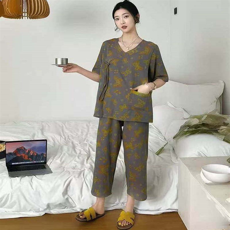 新中式睡衣带兜双层纱国风套装短袖长裤汗蒸服家居服