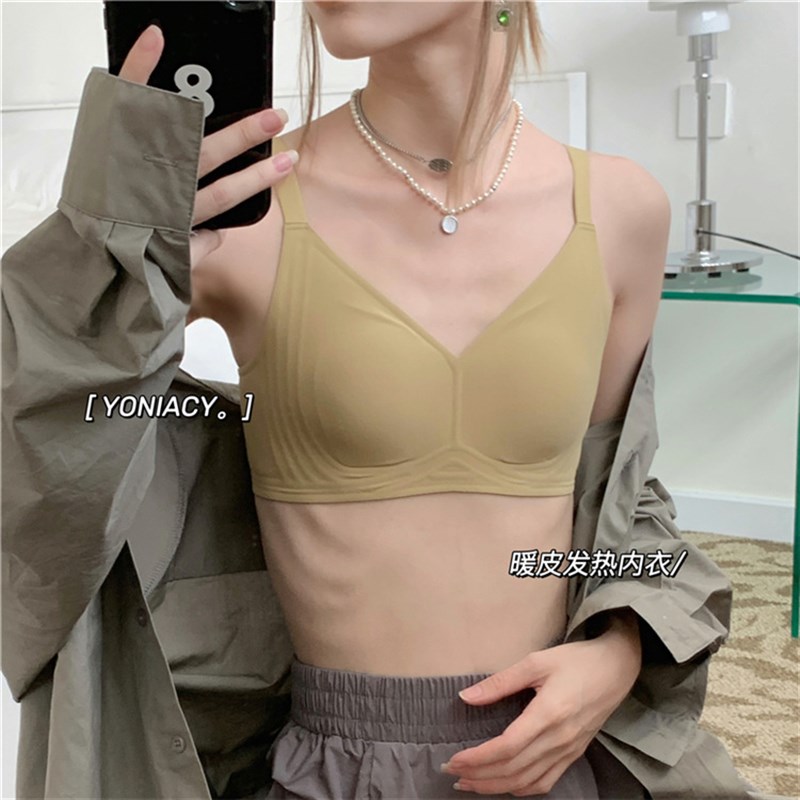 特薄暖皮发热内衣磨毛保暖文胸无钢圈固定果冻胶条显小无痕聚拢