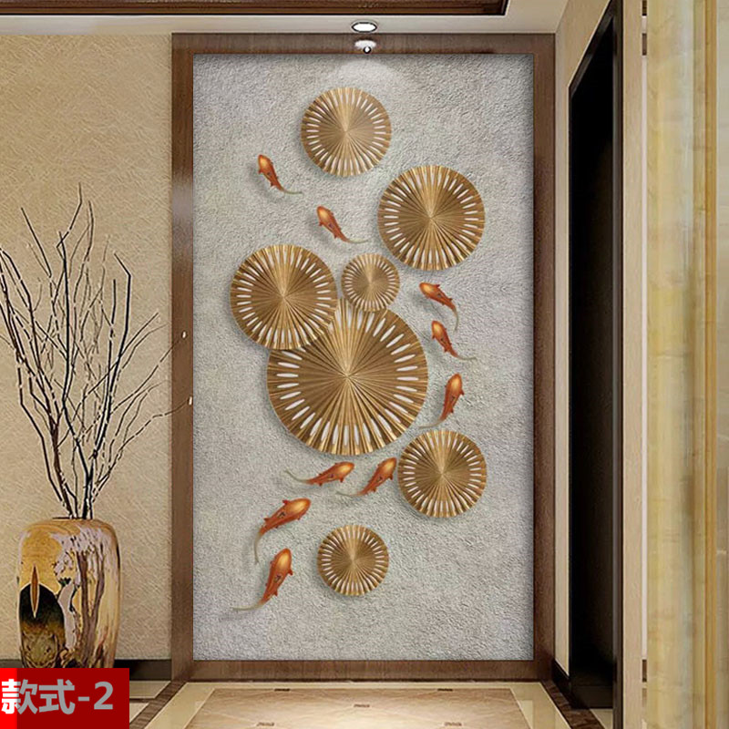 新中式5D金色浮雕九鱼图玄关3D过道背景墙画墙纸墙布壁纸画8D壁布