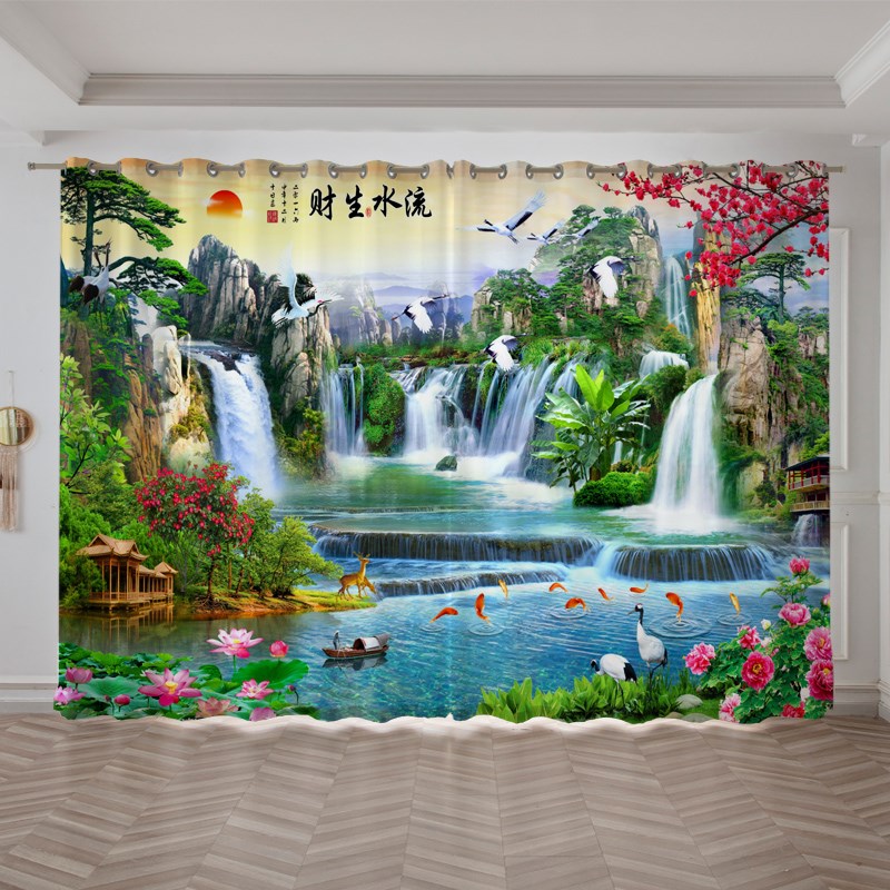 新中式山水风景画定制客厅会议工作室书房茶室玄关风水背景窗帘布
