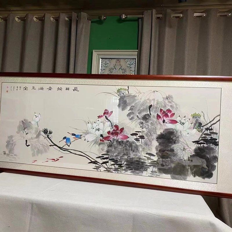 手绘国画荷花装饰实木框水墨花鸟画新中式风格客厅卧室背景墙画