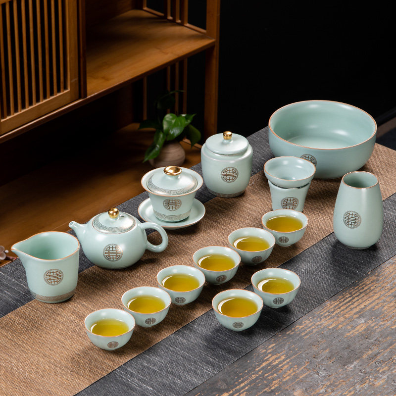 高端汝窑套装功夫茶具陶瓷家用客厅可养开片汝瓷正品复古茶壶茶杯