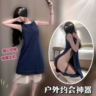 户外人妻高级感睡裙无袖连体高开叉长裙可掀镂空性感居家服qq内衣