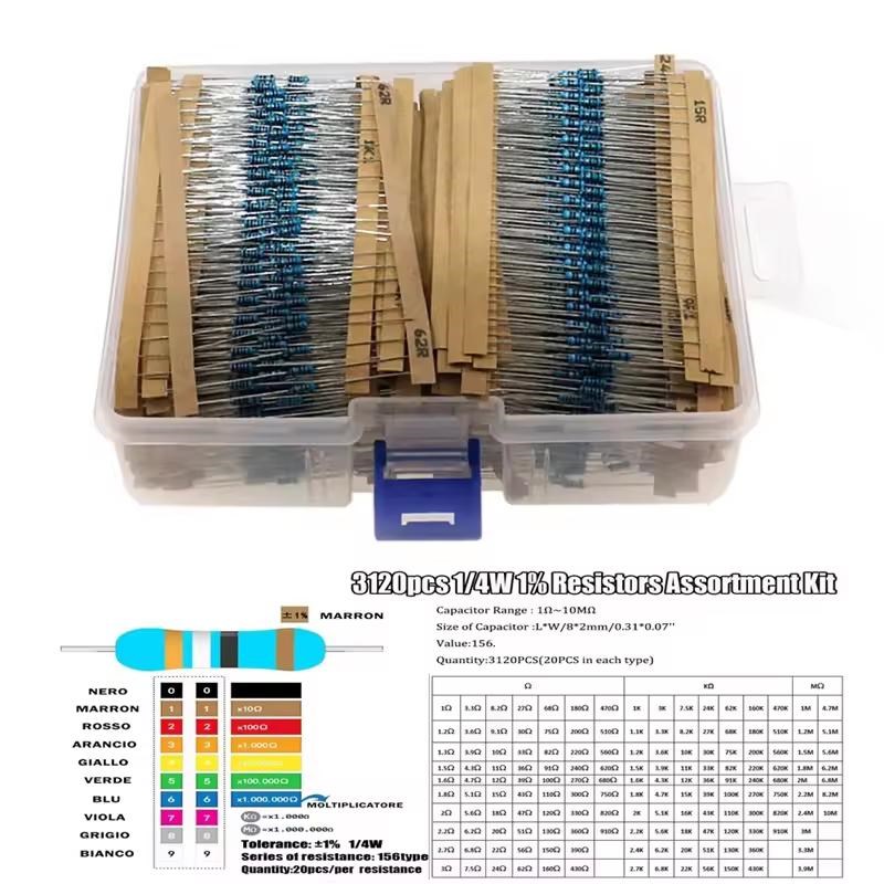 156种规格 3120PCS 1/4W金属膜电阻套装每种20个1欧-10M 1% 0.25W